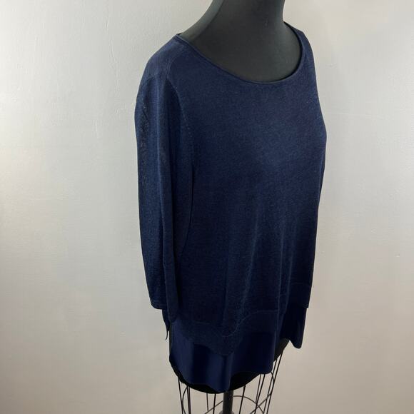 EILEEN FISHER Navy Blue Linen Blend Wide Layered Look Top Petite Large PL - Picture 2 of 7